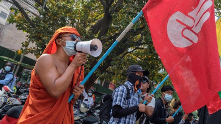 A Buddhist monk takes part in a demonstration against Myanmar's military coup in Mandalay