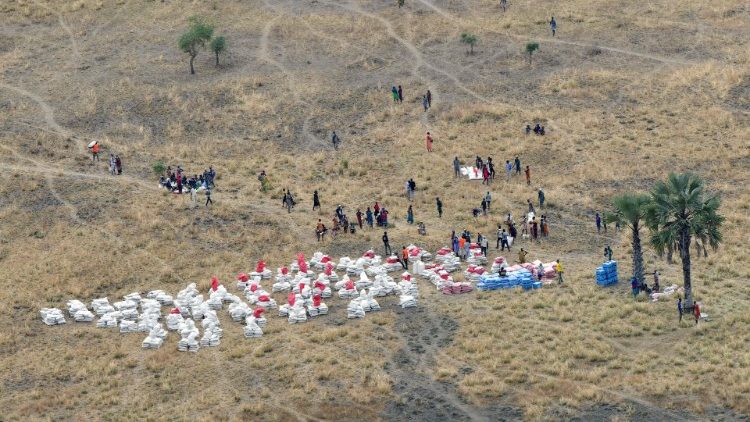 An aerial view of a food aid drop zone in South Sudan to provide for people at risk of food insecurity