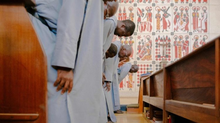 Monks attending Mass at the church of the Abbey of Keur Moussa, Senegal