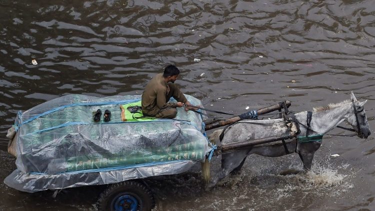 Ein Mann ist mit einem Pferdekarren unterwegs in einer nach den Monsun-Regenfällen überfluteten Straße in Lahore 
