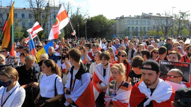Protesters in Vilnius, Lithuania, at a demonstration marking the one year anniversary of disputed Belarusian presidential elections