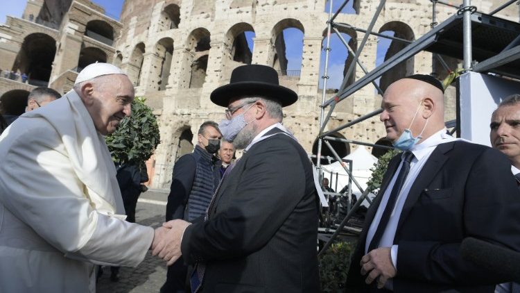 Pope Francis with Rabbi Pinchas Goldschmidt at Community of Sant'Egidio's Prayer for Peace Meeting in Rome (2021 Photo)