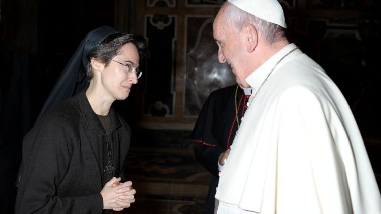 Pope Francis with Sister Raffaella Petrini, F.S.E., the Secretary General of the Governorate of the Vatican City State 