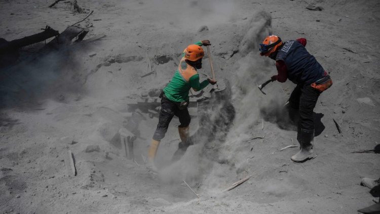 Rescuers dig in search of victims at buried homes in Sumber Wuluh village following the eruption of Mt. Semeru