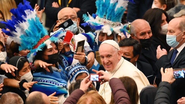 Pope Francis greets members of the Peruvian delegation that donated the crib of St. Peter's Square.