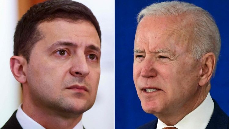 Archive photos of Ukrainian President Volodymyr Zelensky, left, and US President Joe Biden, who spoke by phone on Sunday