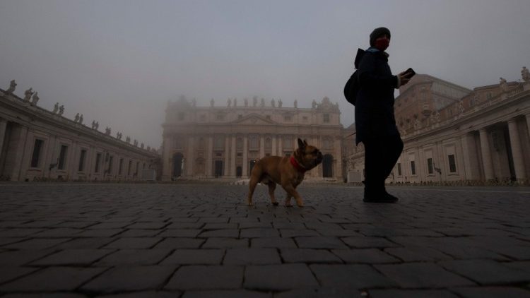 Ein Hund und sein Herrchen auf dem Petersplatz