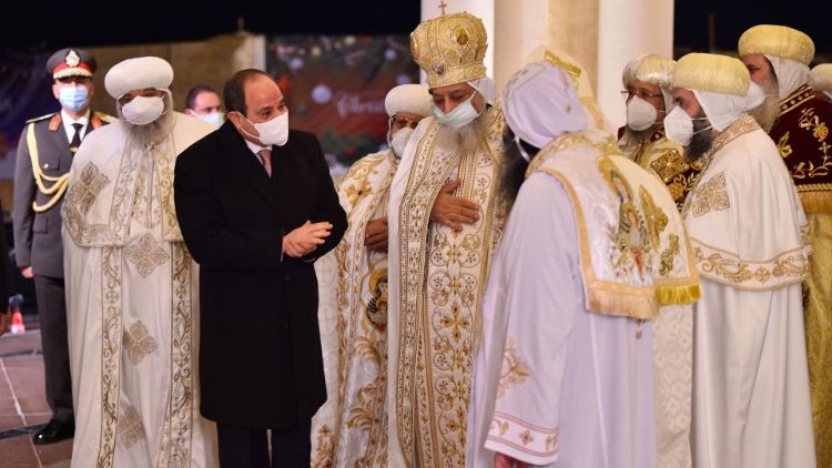 President Abdel Fattah al-Sisi greeting Pope Tawadros II of Alexandria on Christmas