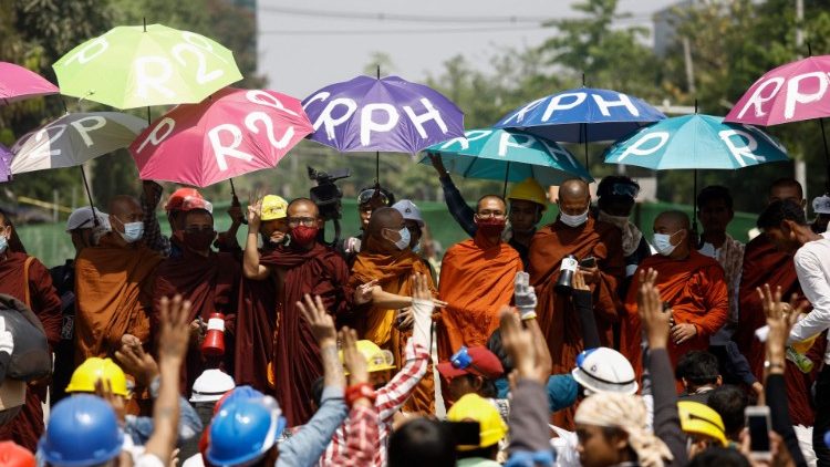 A file photo showing Buddhist monks joining anti-coup demonstrators in Yangon.