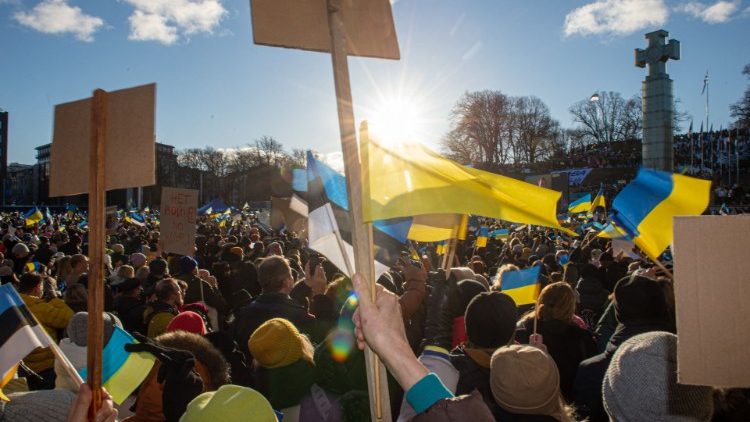 Residents of Estonia protest in Tallinn's Freedom Square in support of Ukraine