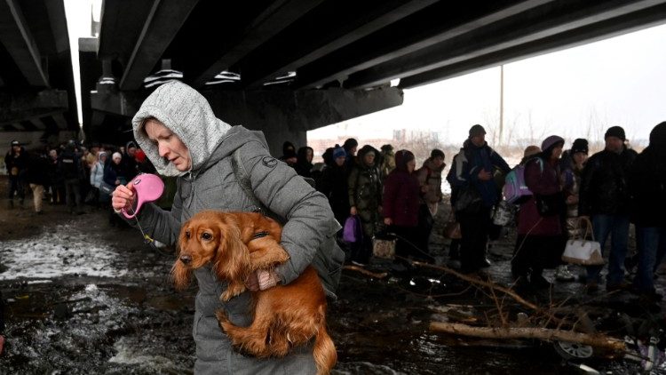A woman carries a dog to cross a destroyed bridge as she evacuates the city of Irpin, northwest of Kyiv, on March 8, 2022