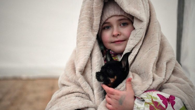 Criança ucraniana refugiada na Polônia com seu cãozinho