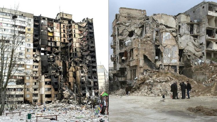 Rechts: Aleppo/Syrien, am 17. Oktober 2016. Links: Charkiw/Ukraine, am 10. März 2022