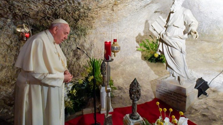 Pope Francis praying in St. Paul's Grotto in Rabat, Malta