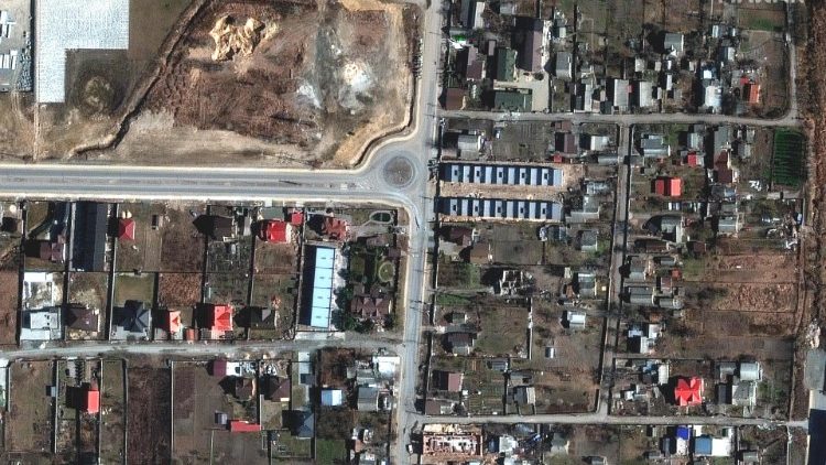 Satellite image of a street in Bucha, Ukraine, where bodies of civilians were found after the withdrawal of Russian forces from the area