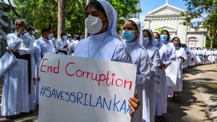 Catholic priests and nuns demonstrate against the economic crisis in Colombo