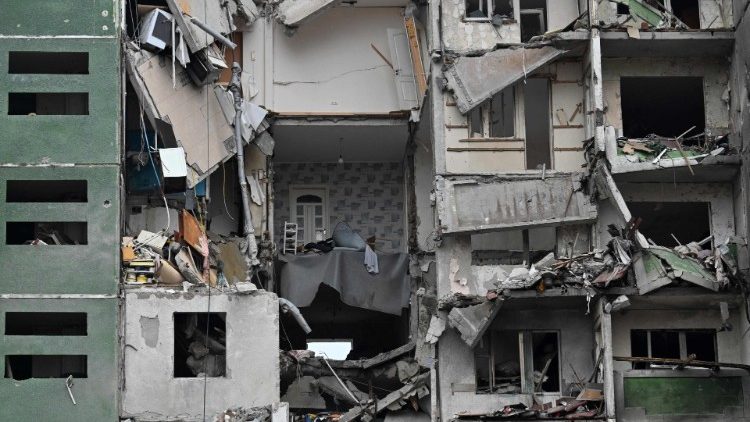 A destroyed apartment building in Chernigiv, Ukraine