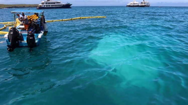 Voluntários tentam limpar área da praia de Los Alemanes em Galápagos, Equador depois do naufrágio de uma embarcação com 47 barris de óleo diesel