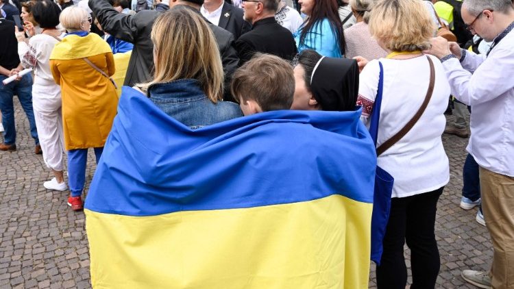 Omnipräsent auf dem Katholikentag: Ukrainische Flaggen