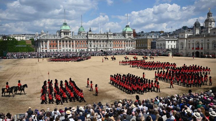 Members of the Household division take part in a parade for Queen Elizabeth II's platinum jubilee