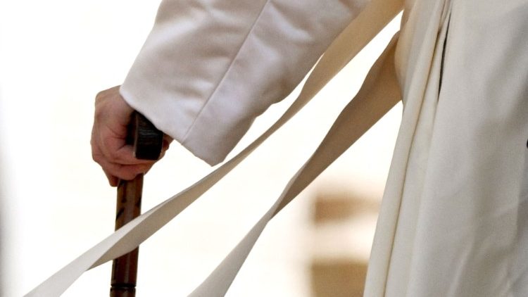 Pope Francis holds a cane at a recent General Audience