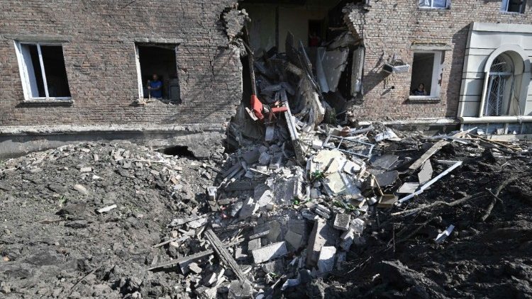 Destruction from a Russian missile in the Ukrainian city of Bakhmut