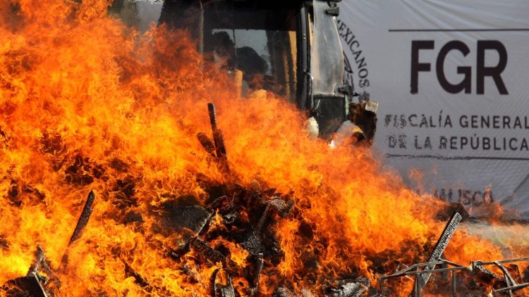 One tonne 965 kilos of seized drugs in Mexico's Jalisco State are incinerated by employees of the Attorney General's Office in July