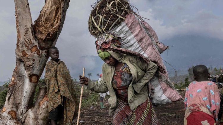 Pessoas deslocadas internamente (IDP) carregam carv?o da floresta ao p do vulc?o Nyiragongo no Parque Nacional de Virunga em 13 de janeiro de 2023 para o mercado em Kibati. (Foto de Guerchom Ndebo / AFP)