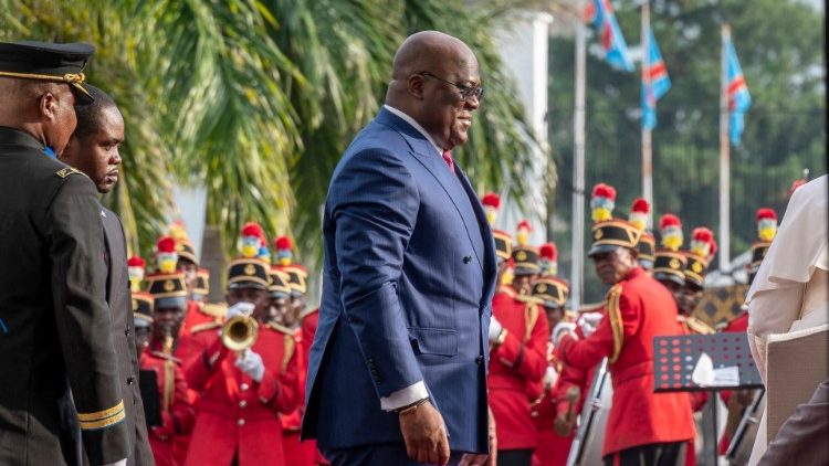 DRC President Felix Tshisekedi waits to welcome Pope Francis.