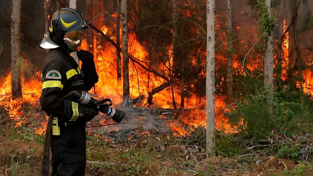 Um bombeiro espera que a mangueira seja ligada durante o combate ao incndio florestal em Santa Juana, provncia de Concepcin, Chile, em 6 de fevereiro de 2023. - Os incndios, que duram desde a semana passada, deixaram 26 mortos, 1.260 feridos, 3.000 desabrigados e 1.159 residncias queimadas, segundo relatrio divulgado pelo Servi?o Nacional de Preven??o e Resposta a Desastres (Senapred). (Foto de JAVIER TORRES/AFP)