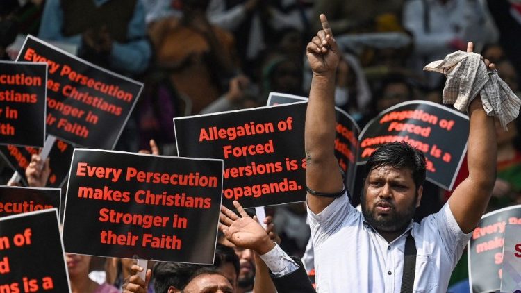 File photo of demonstrators in a peaceful protest rally against religious persecutions against Christians in India