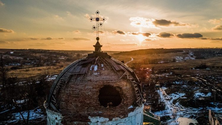 A damaged church in a village in Ukraine