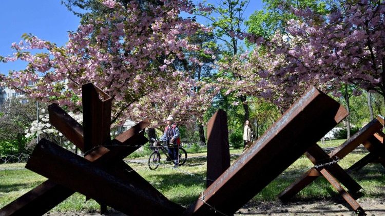 A Kiev, les cerisiers fleurissent devant les barrières de défense. Image d'illustration, mai 2023.