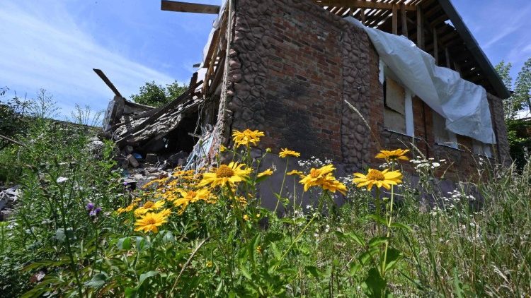 A casa da residente local Raisa Vasylchenko, de 73 anos, é vista depois de ter sido destruída por um bombardeio russo em Vovchans'k, na região de Kharkiv, em 18 de julho de 2023, em meio à invasão russa da Ucrânia. (Foto de SERGEY BOBOK / AFP)
