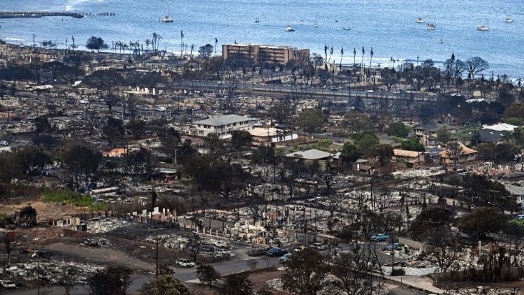 Destroyed homes and and other buildings in the Hawaiian town of Lahaina in western Maui. 