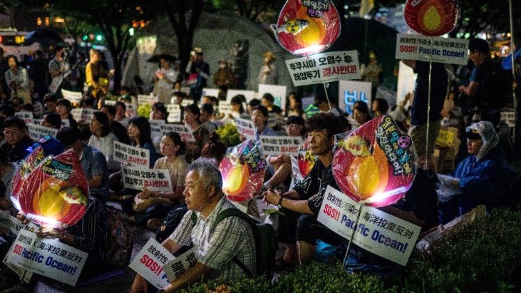 Activists protest against the planned release of wastewater from Japan's stricken Fukushima nuclear plant into the Pacific Ocean