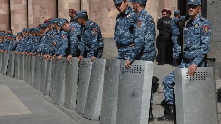 Armenian police stand guard in downtown Yerevan