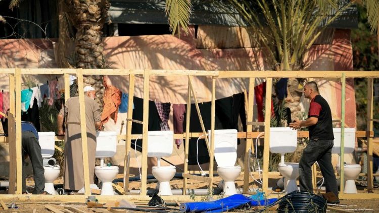 Toilets are set-up for Palestinians seeking refuge in the grounds of the Nasser hospital in Khan Yunis, in the southern of Gaza Strip on October 18, 2023, amid the ongoing battles between Israel and the Palestinian group Hamas