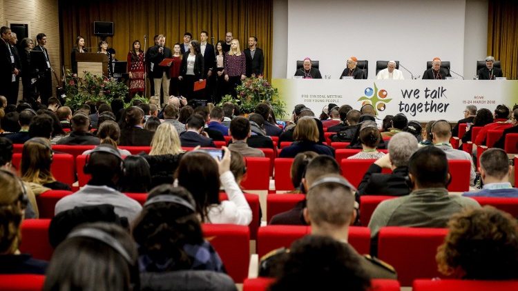 Pope Francis and young people during the Pre-Synod meeting, March, 2018