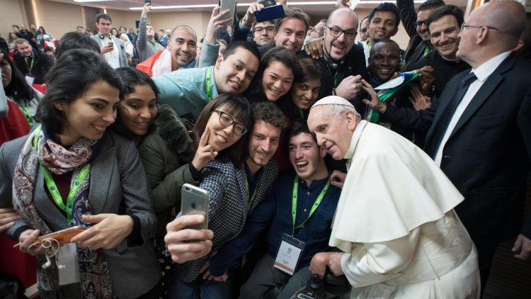 Pope Francis with young people of the pre-synodal youth meeting in Rome in March, 2018.