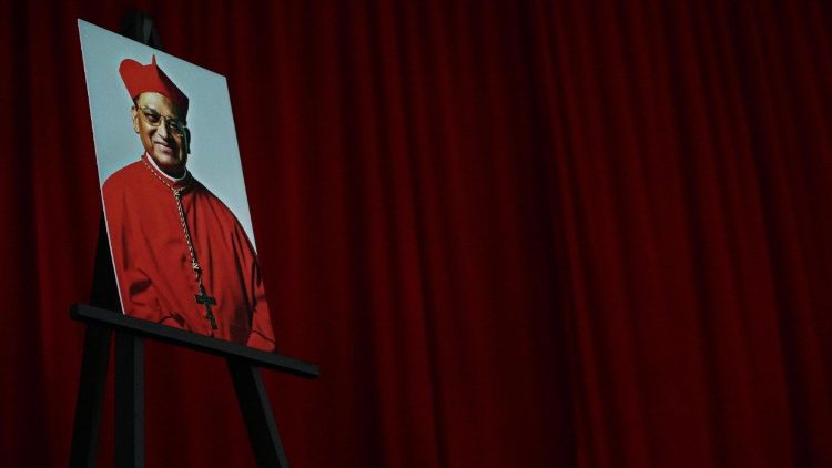 A portrait of Cardinal Miguel Obando Bravo displayed at his funeral in Managua