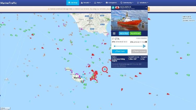 Monitoraggio posizione della nave Aquarius con a bordo 629 migranti