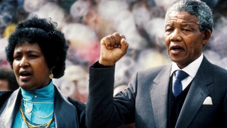 (FILE) Former South African President Nelson Mandela with his wife Winnie Mandela on 13 Feb 1990.  On 8 May, 2019 South Africans go to the polls again. 