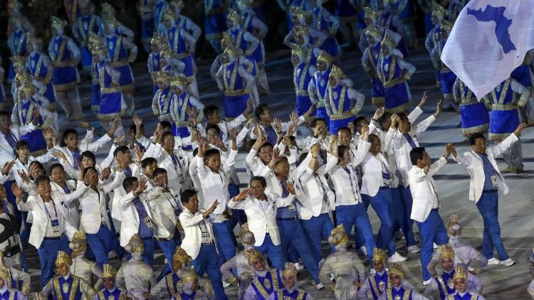 South And North Korean delegations marching together in the opening ceremony of the 18th Asian Games on August 18, 2018.