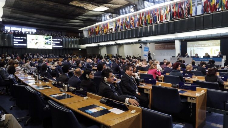 Le session plénière de la FAO à Rome lors de la journée mondiale de l'alimentation le 16 octobre 2018. 