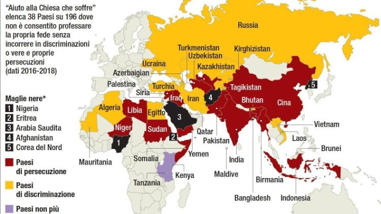 Organizācijas "Palīdzība Baznīcai, kas cieš" sastādītā karte par reliģiskās brīvības situāciju pasaulē laikposmā no 2016. līdz 2018. gadam