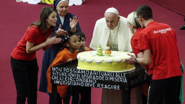 Pope Francis during audience with children and family from the dispensary of Santa Marta