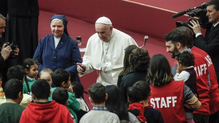 Pope Francis during audience with children and family from the dispensary of Santa Marta 17-12-18