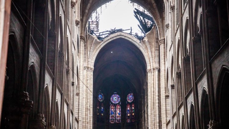 A view shows Notre-Dame Cathedral after a massive fire devastated large parts of the gothic structure in Paris,