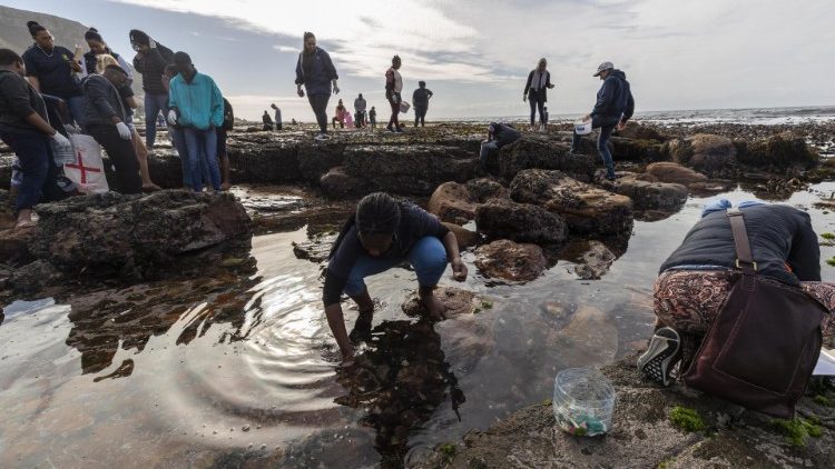 Freiwillige säubern einen südafrikanischen Strand von Plastikmüll
